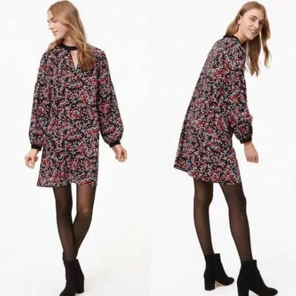 LOFT cherry print velvet trim cutout shift mini dress S